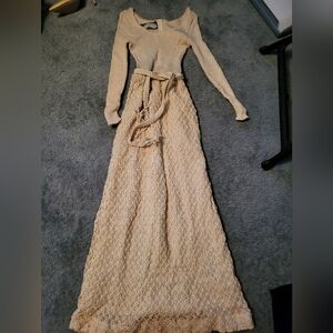 Cream Crochet Maxi Skirt with Waist Tie